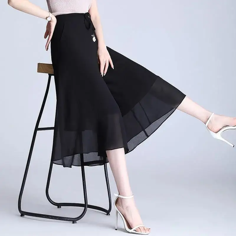 Summer New Chiffon High Waist Black Wide Leg Pants Solid Loose All-match Straight Pants Fashion Street Casual Women Clothing