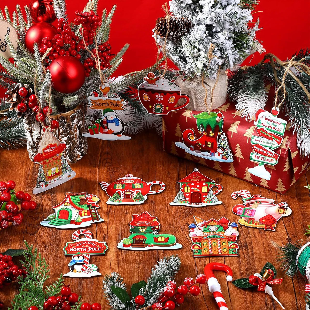 12Pcs Christmas Wooden Pendants Gingerbread Man Santa Claus Xmas Tree Hanging Ornaments Home Party Christmas Decor New Year Gift