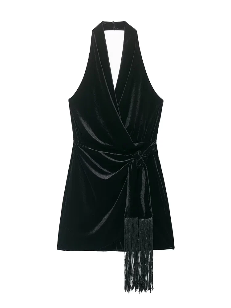 2026 New Velvet Short Dresses For Women Sleeveless Slim Tassel Decoration Halter Mini Dress Fashion Casual Elegant Party Dresses