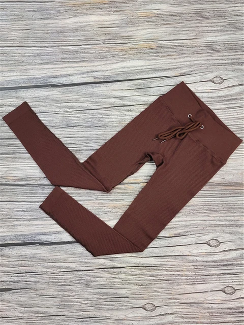 Tossy Ribbed Yoga Leggings Sport Tights Woman Seamless Knit Yoga Pants White Femme Gym Leggins Skinny Workout Fitness Push Up Belt Coffee