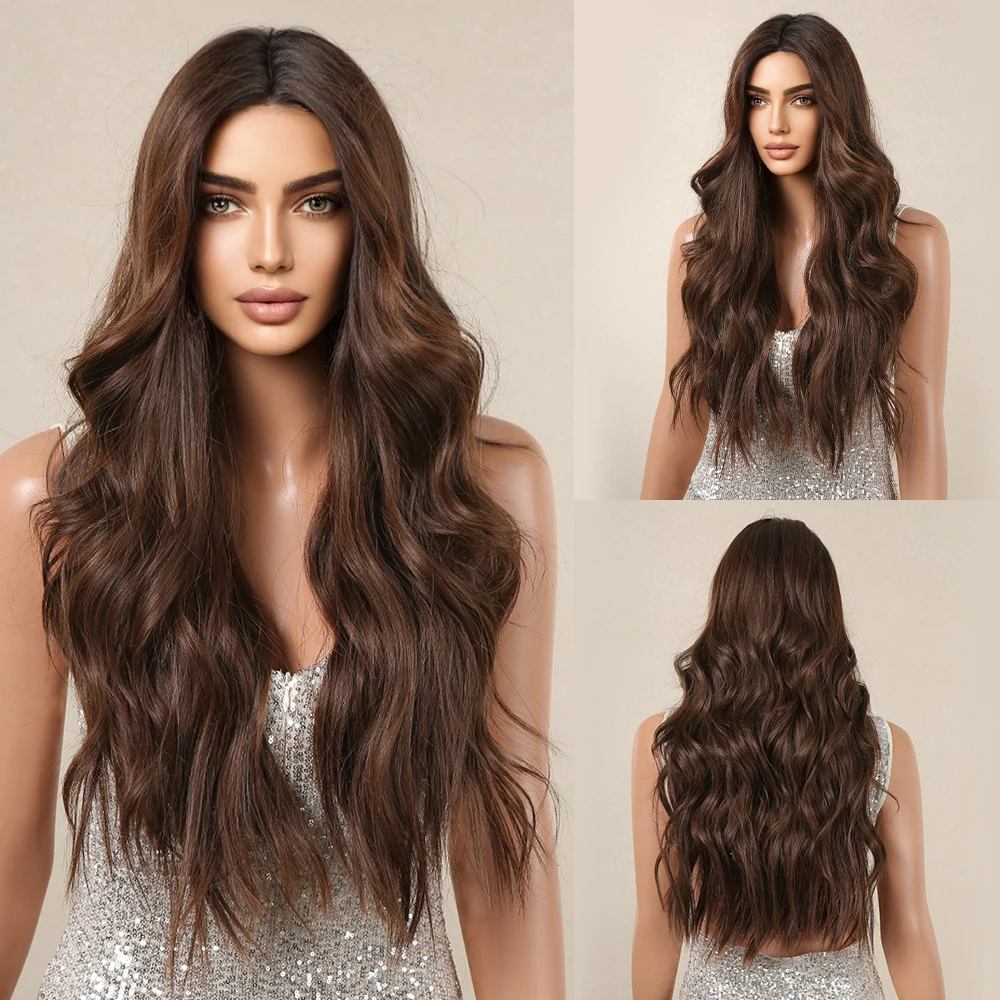 Long Water Wave Natural Wig for Women Brown Daily Soft Lace Wigs Silky High Density Party Use Synthetic Fake Hair Heat Resistant