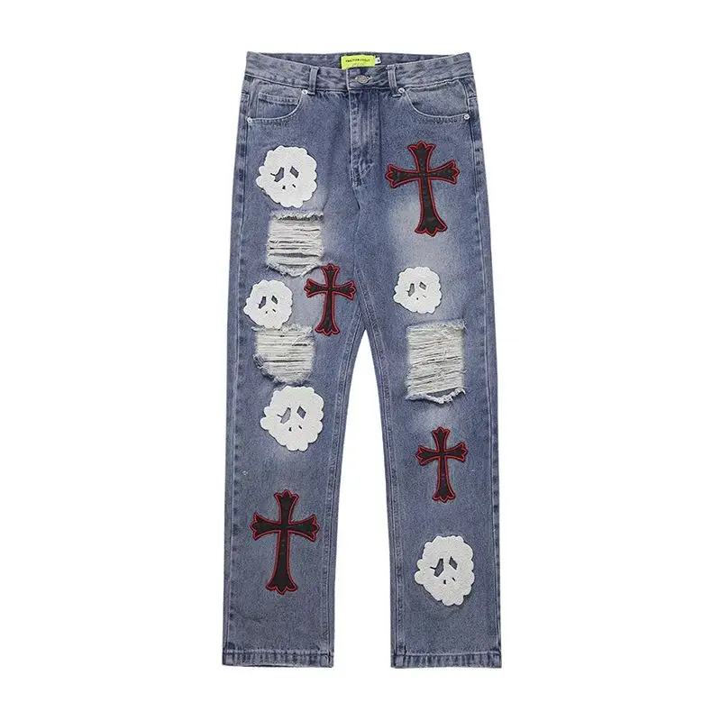 

Embroidered jeans Y2K straight loose stitching ripped cross pants/retro trend personality fashion PU cross stitching jeans