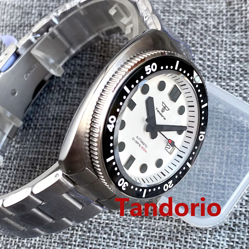 44mm Tandorio NH35A Automatic Movement Mens Watch 20ATM Diver Sapphire Glass Green Luminous Rubber/Stainless Steel Strap Date