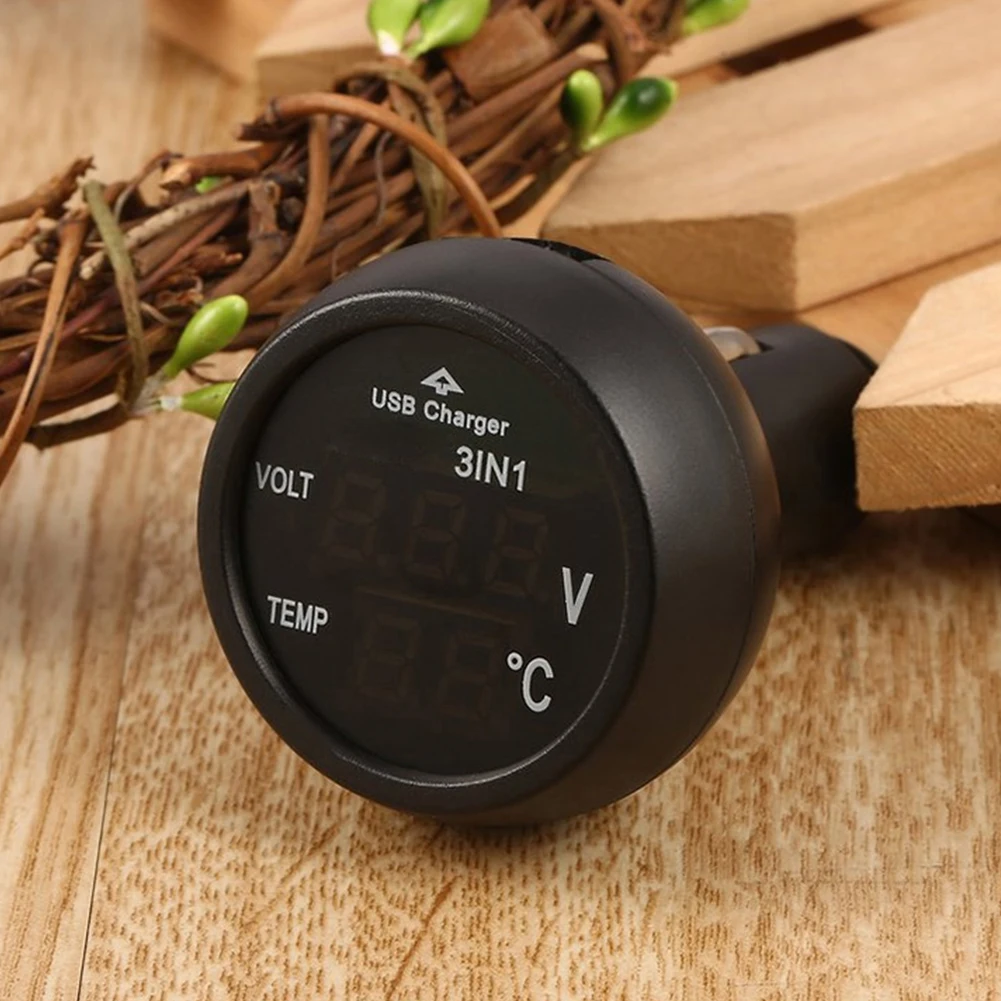 Car Charger 3 in 1 12/24V Charge with Voltmeter Switch Car Auto LED Digital Voltmeter Gauge Thermometer USB Charger