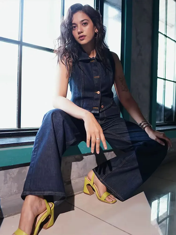 HH Women Denim Pants Sets Lapel Single Breasted Denim Vest Tops High Waist Wide Leg Trousers Fashion Y2K High Street Outfits