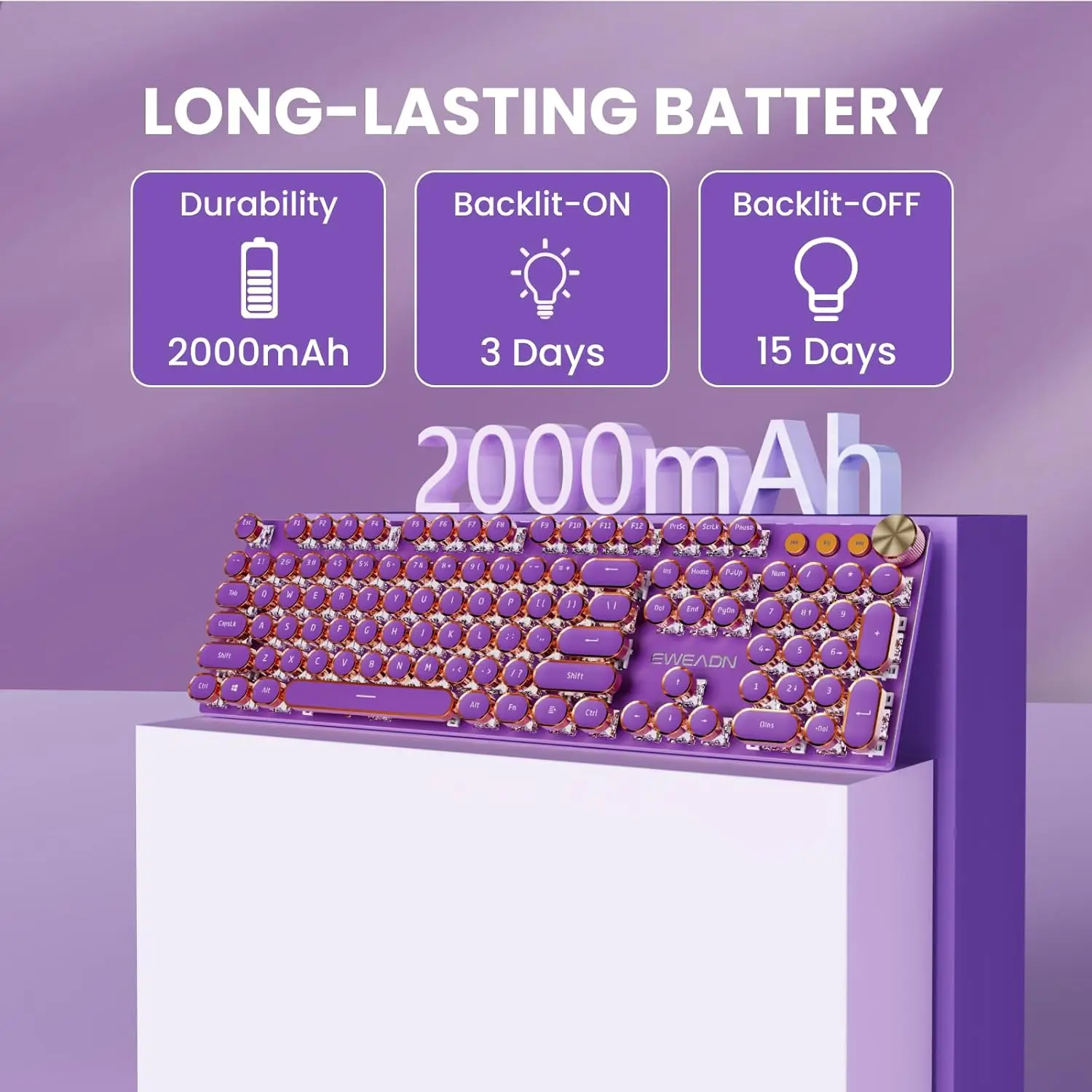 EWEADN V20 Typewriter Keyboard Wireless 104 Keys Mechanical with White Backlit Media Knob Tri-mode Wired Retro Keyboard