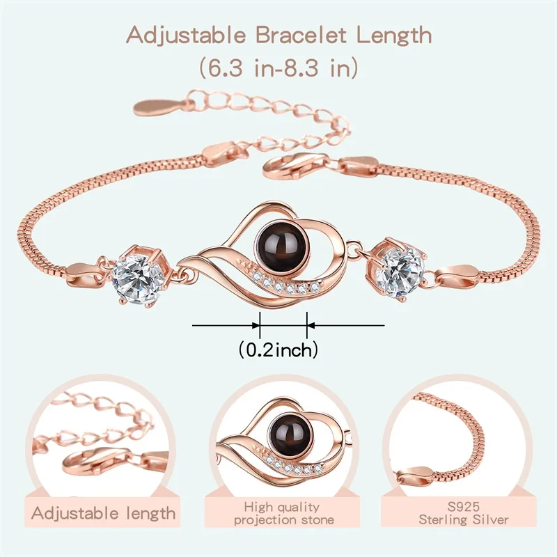 Bracciale Personalizzato Con Foto Proiettata All'Interno - Ciondolo A Cuore Con Immagine E Iniziali - Regolabile 14-28 Cm - Regalo Per Coppia