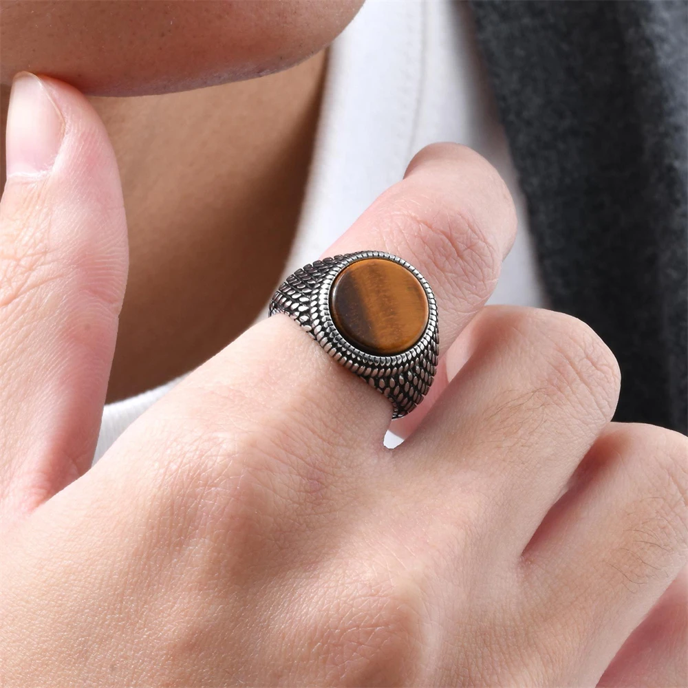 Men's Punk Dragon Scale Signet Ring Stainless Steel Vintage Jewelry with Tiger Eye Stone & Turquoise Gothic Gifts for Boyfriend