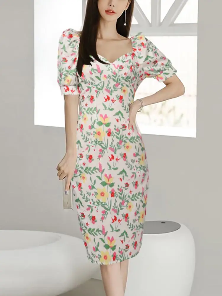 

ZANZEA 2024 Summer Puff Short Sleeve Robe Women Floral Print Long Dress Elegant Square Neck Party Casual Slimming Midi Dresses