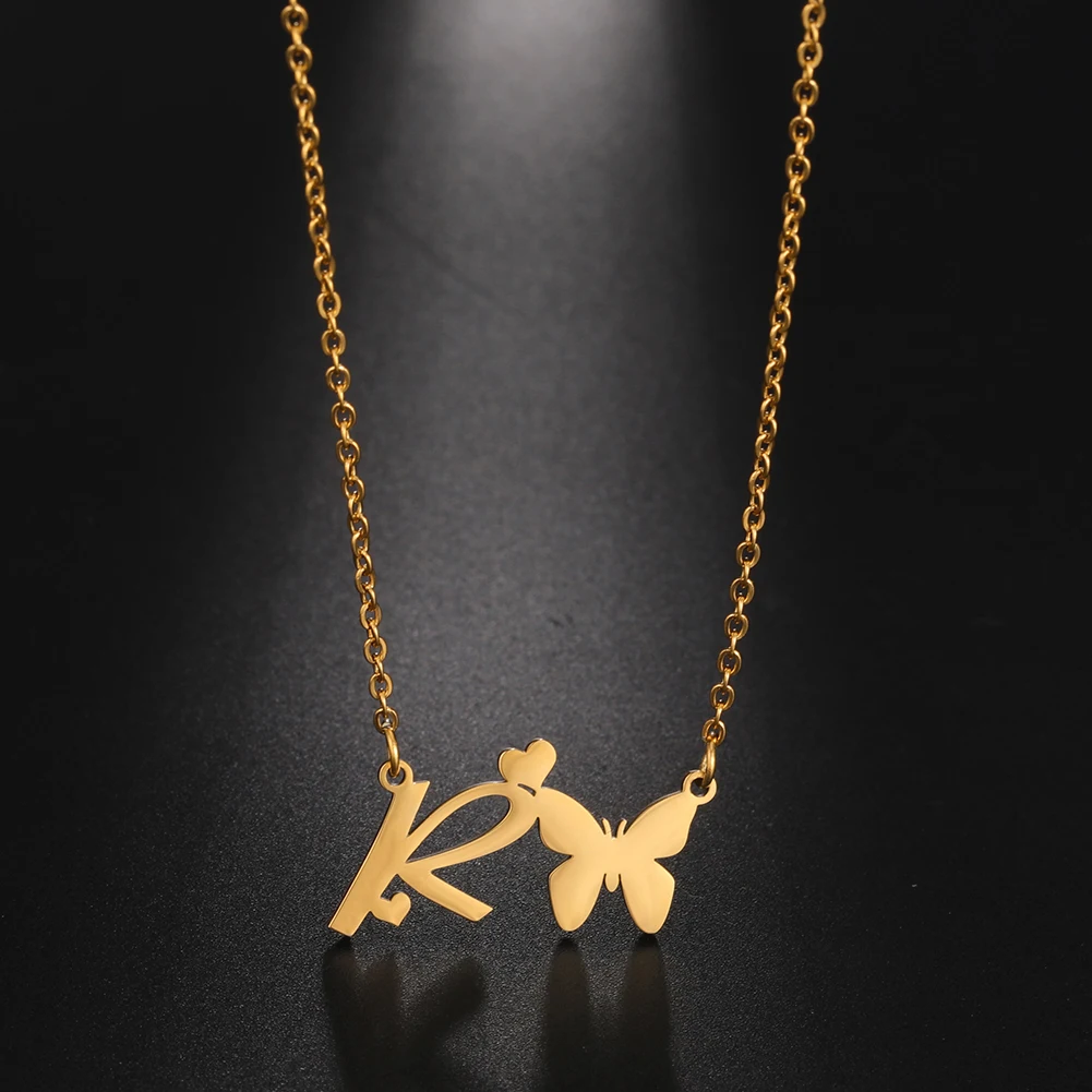 Amaxer for Women Girl Sweet Butterfly Alphabet Necklace A-Z Initial Letter Name Stainless Steel Gold Silver Color Jewelry Gift_voghion.com