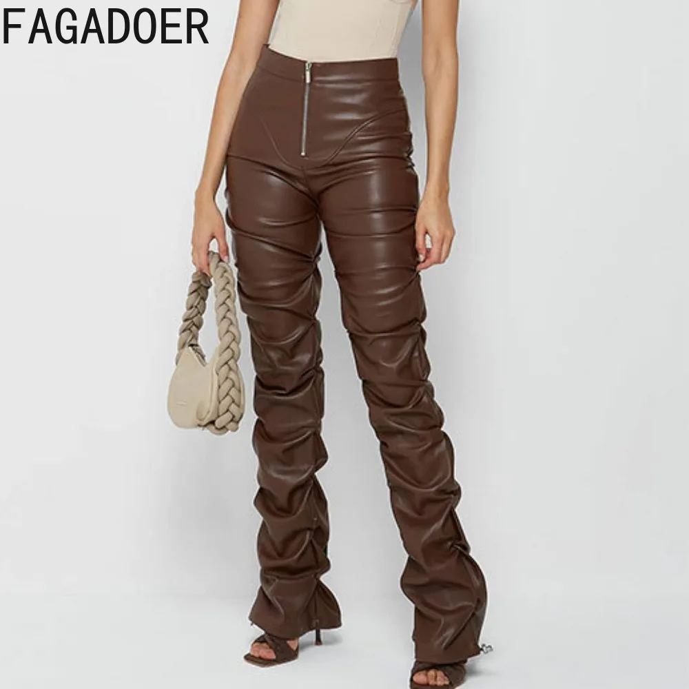 FAGADOER Casual PU Leather Ruched Flared Pants Women High Waisted Zipper Skinny Trousers Female Casual Matching Bottoms 2024 New