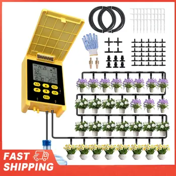 2 Group Automatic Watering System Dual Pump Solar Drip Irrigation System with Rain Sensing Digital Display Screen Child Lock