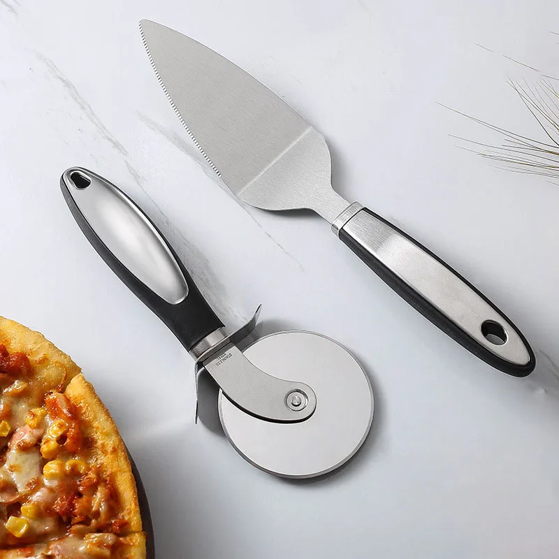 

Pizza wheel Stainless steel pizza spatula two-piece handle set Round single-wheel pie knife baking kitchen tool
