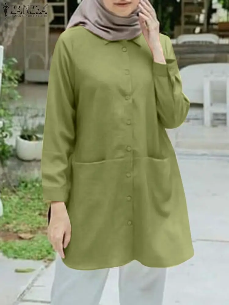 ZANZEA 여성용 무슬림 롱 탑, 라마단 아바야 이심 의류, 라펠 긴팔 셔츠, 캐주얼 루즈 두바이 터키 블라우스