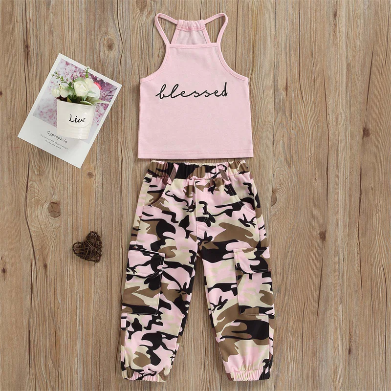 Kids Resort Wear|girls' Summer Cotton Sleeveless Top \u0026 Camo Pants Set - Kids  Streetwear