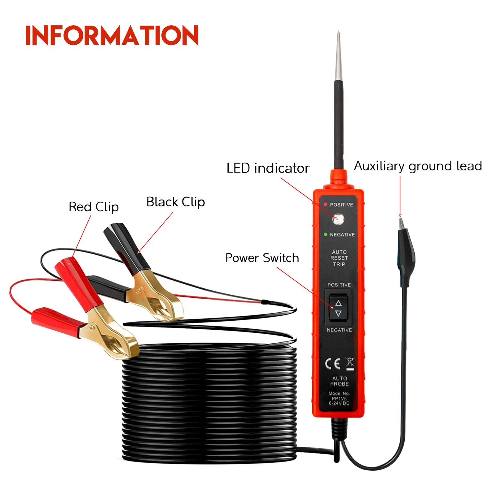 Testeur de court-Circuit de sonde d'alimentation automobile 6-24V DC,  testeur de système électrique de voiture avec voyant lumineux, sonde longue