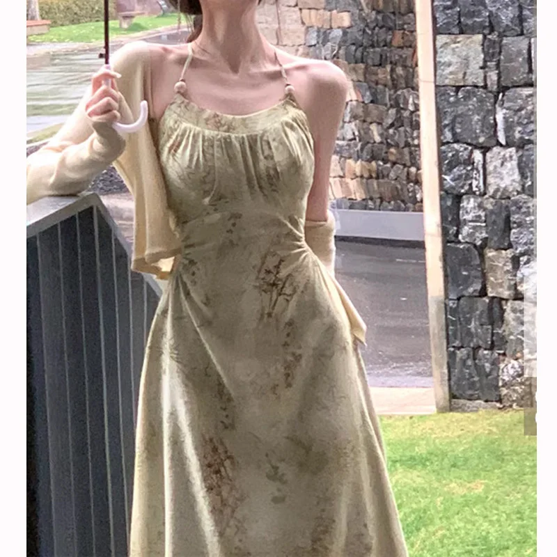 

Printed Hanging Neck Strap Dress Summer 2023 Women's New Style Gentle Open Waist Long Dress