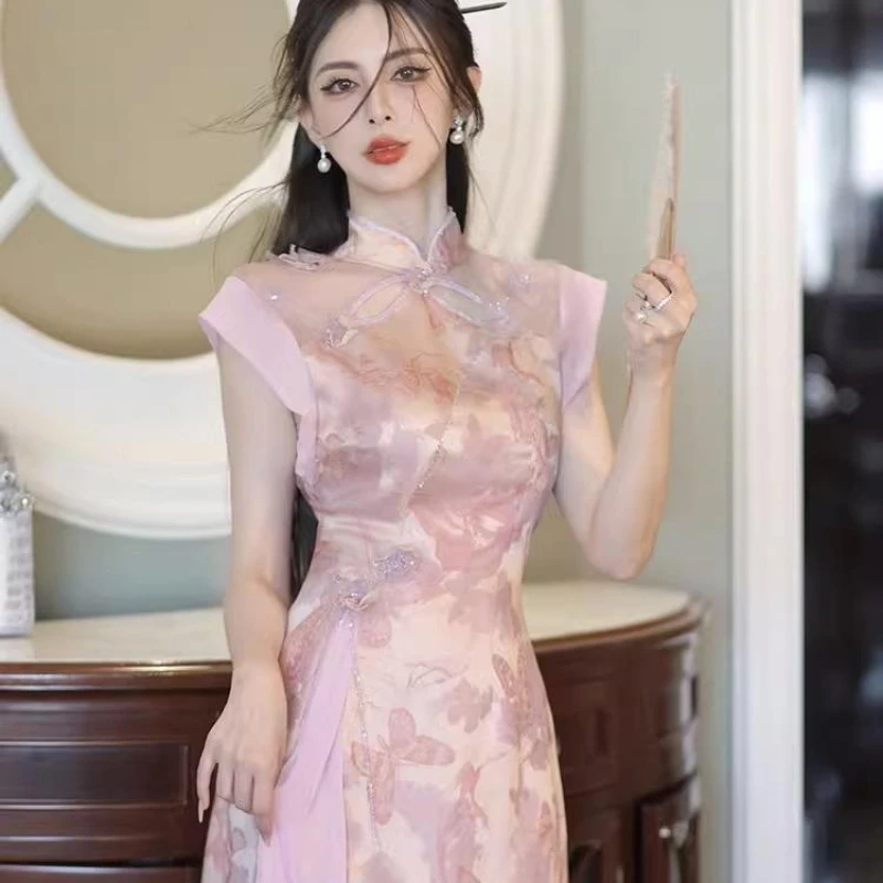 

Chinese Traditional Pink Dress Women's Cheongsam Qipao Chi-pao 2023 High-end Elegant Modified Floral Sweet Cheongsam