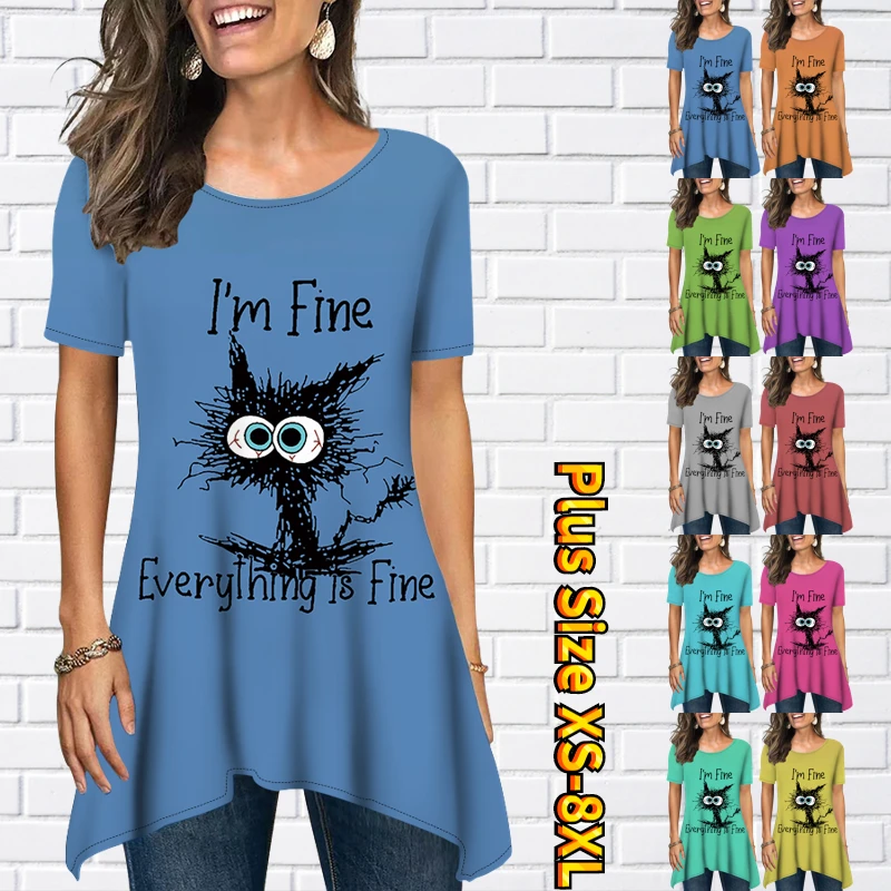 

2023 New Vintage Printing Clothes Summer Women Elegant Short Sleeve T-shirt Round Neck Loose Pullover Trend Casual Top XS-8XL