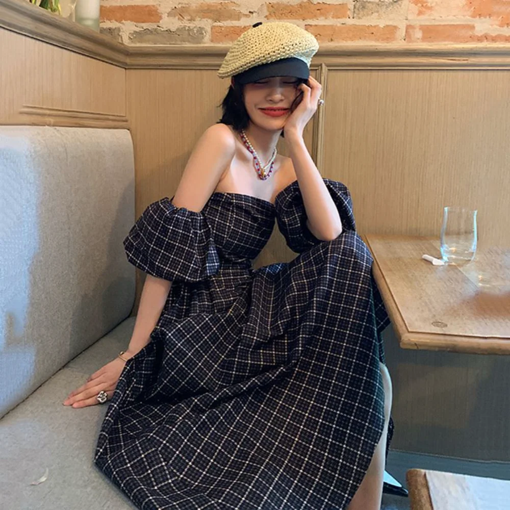 

French Midi Skirt Youth Bra Plaid Sleeve Shoulder Panel Long Dress Backless High Waist Large Hem 2023 New Summer Dress Female