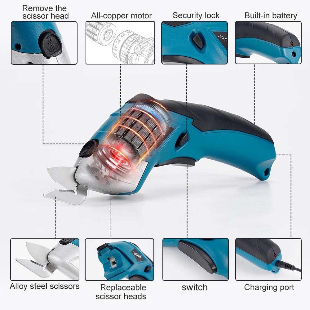 Hormy USB rechargeable electric scissors 3.6V fabric leather fabric cardboard plastic cutting tool with built-in 2.0Ah battery electric shears