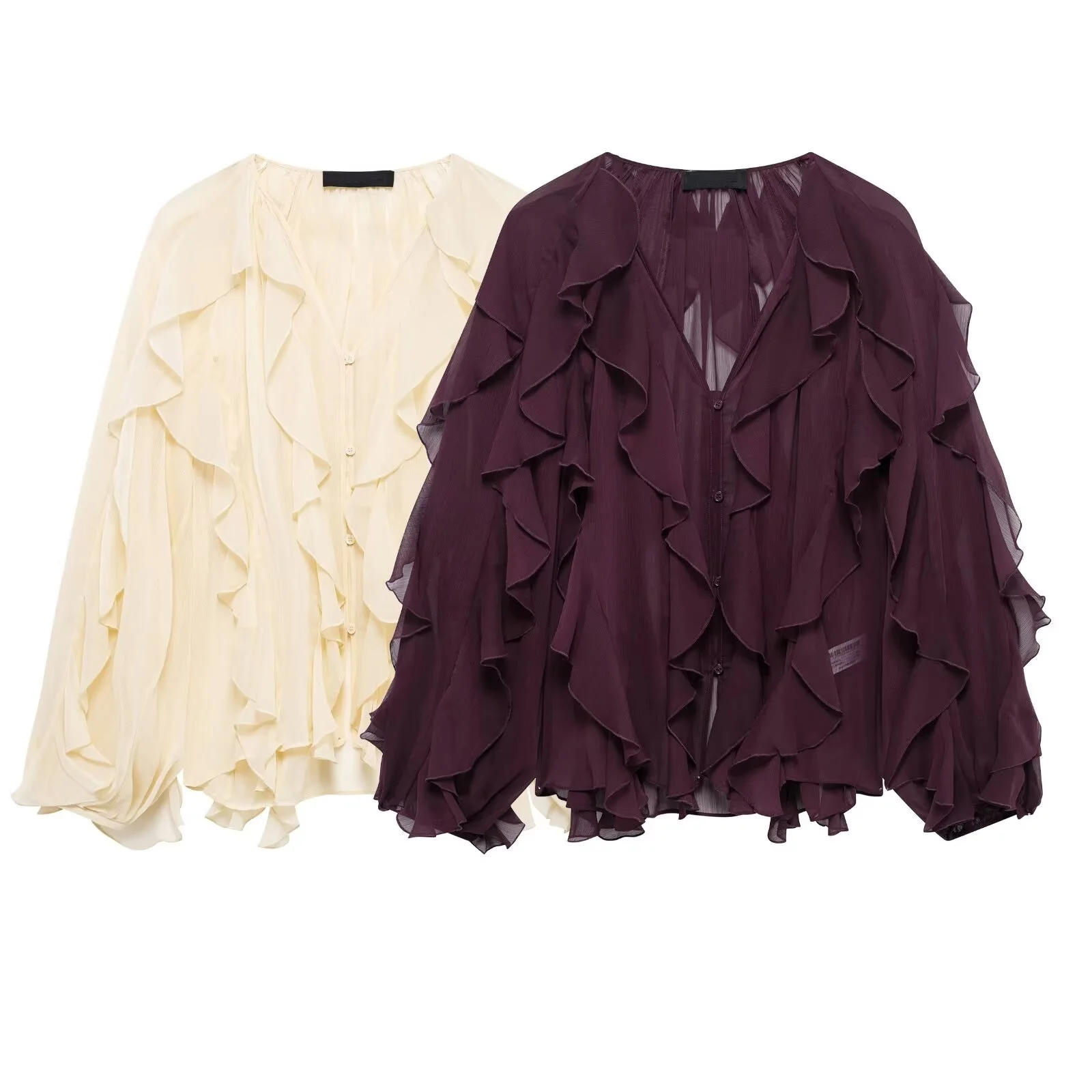 Translucent Ruffles Shirt Women Fashion Casual Loose V-neck Single-Breasted Long Sleeve Blouse 2025 New Summer Elegant Tops