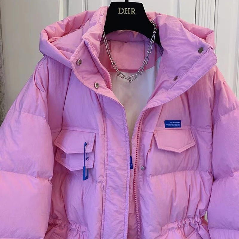 Hooded Winter Jacket Women Korean Elegant Long Sleeve Drawstring Parkas Snow Wear Thick Cotton Padded Coats Casual Lchaquetas