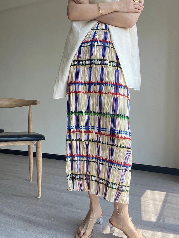 

Pleated Stripe Straight Pleated Long Skirt With Korean Style Women 20223 Summer New Clothes Ladies Elegant Causal Skirts