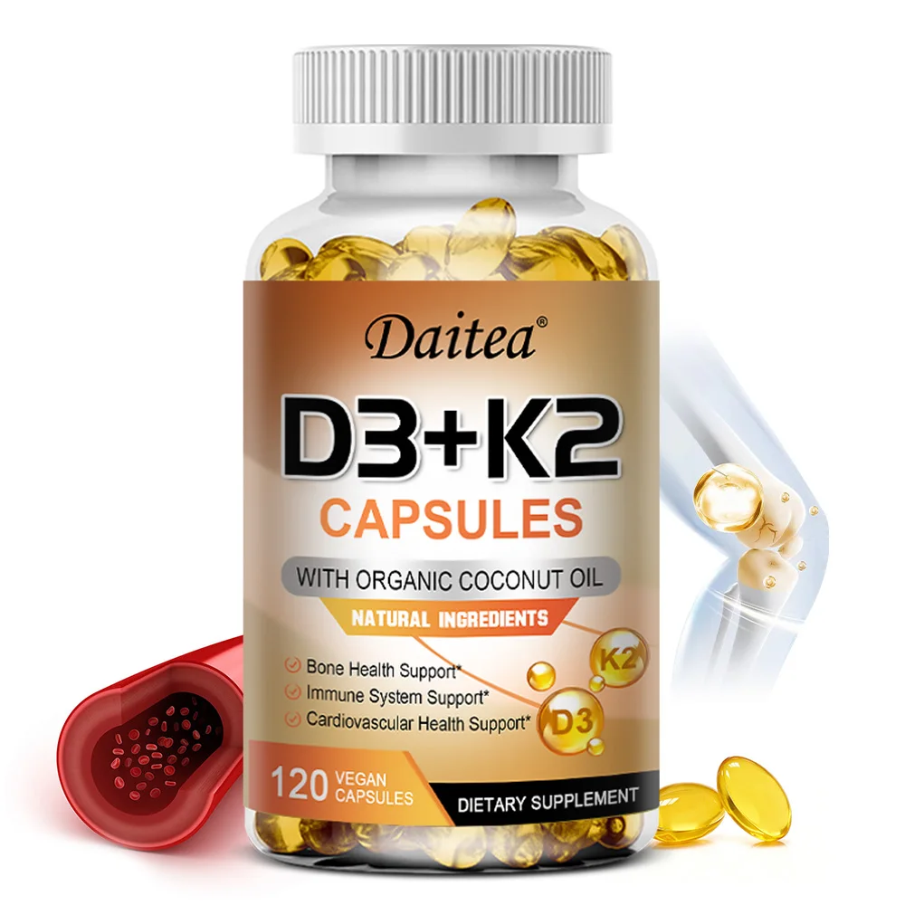 Vitamin D3 K2 Capsule - 5000 IU Vitamin D3 Promotes Strong Bones, Calcium Absorption, Teeth, Heart, Cardiovascular Health