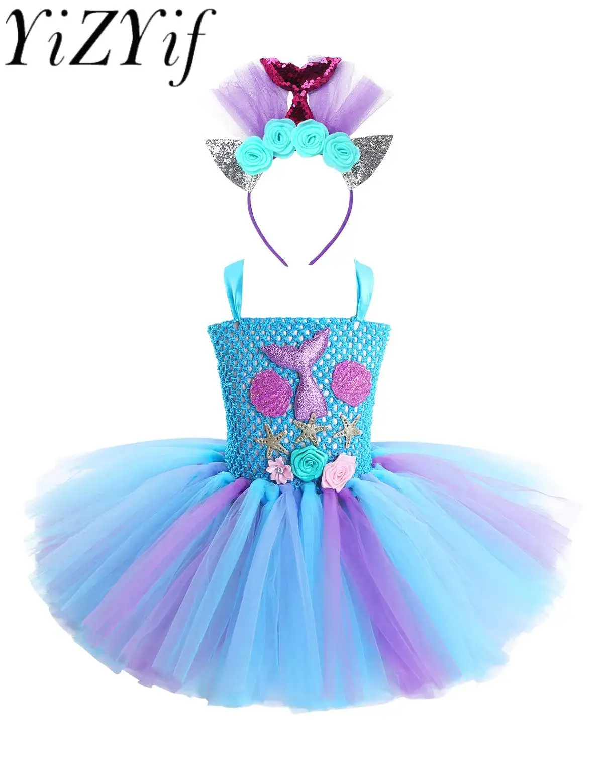 

Kids Girls Cosplay Party Dress Princess Dress Up Mermaid Tulle Tutu Dresses Theme Birthday Party Costume with Flower Headband