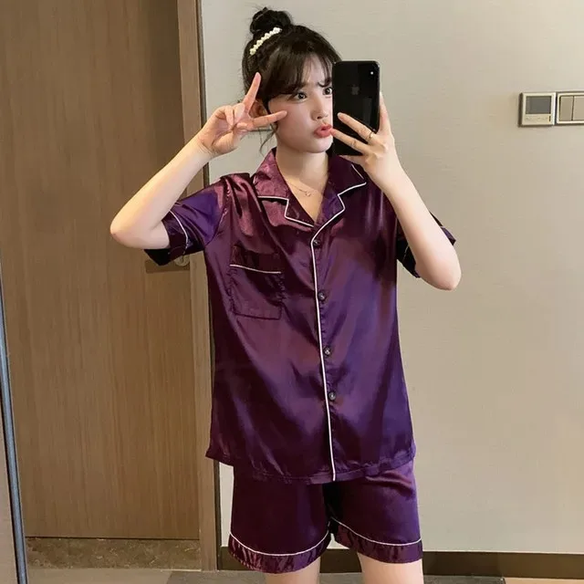 101695-d2dea9.jpg Couleur unie vêtements de nuit soie Satin Pyjamas Couple ensemble à manches courtes Pyjamas costume Pijama femmes hommes vêtements de détente grande taille Pj ensemble