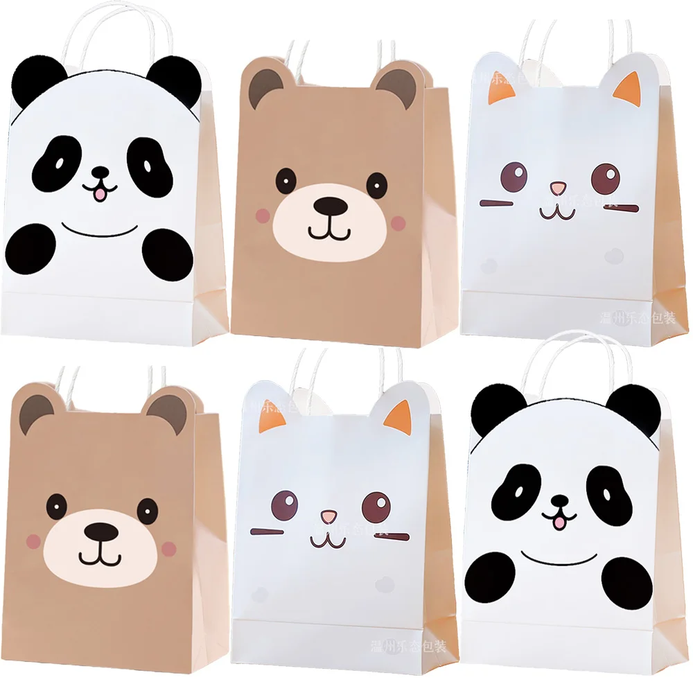 6/12/24/48 Stück Tier-Papiertüten mit Griff Panda Katze Bär Geschenktüten Süßigkeiten-Kekstüten für Partydekoration