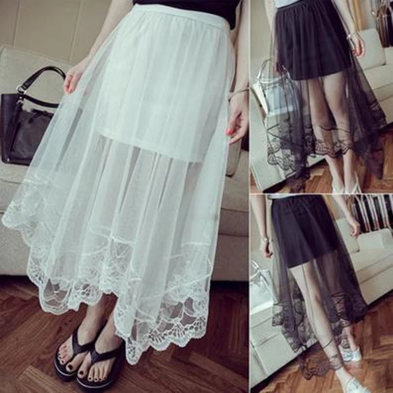 Korean Fashion Mesh Lace Maxi Skirts Women Summer High Waist Black White Asymmetrical Long Skirt Women's Clothes Faldas Mujer