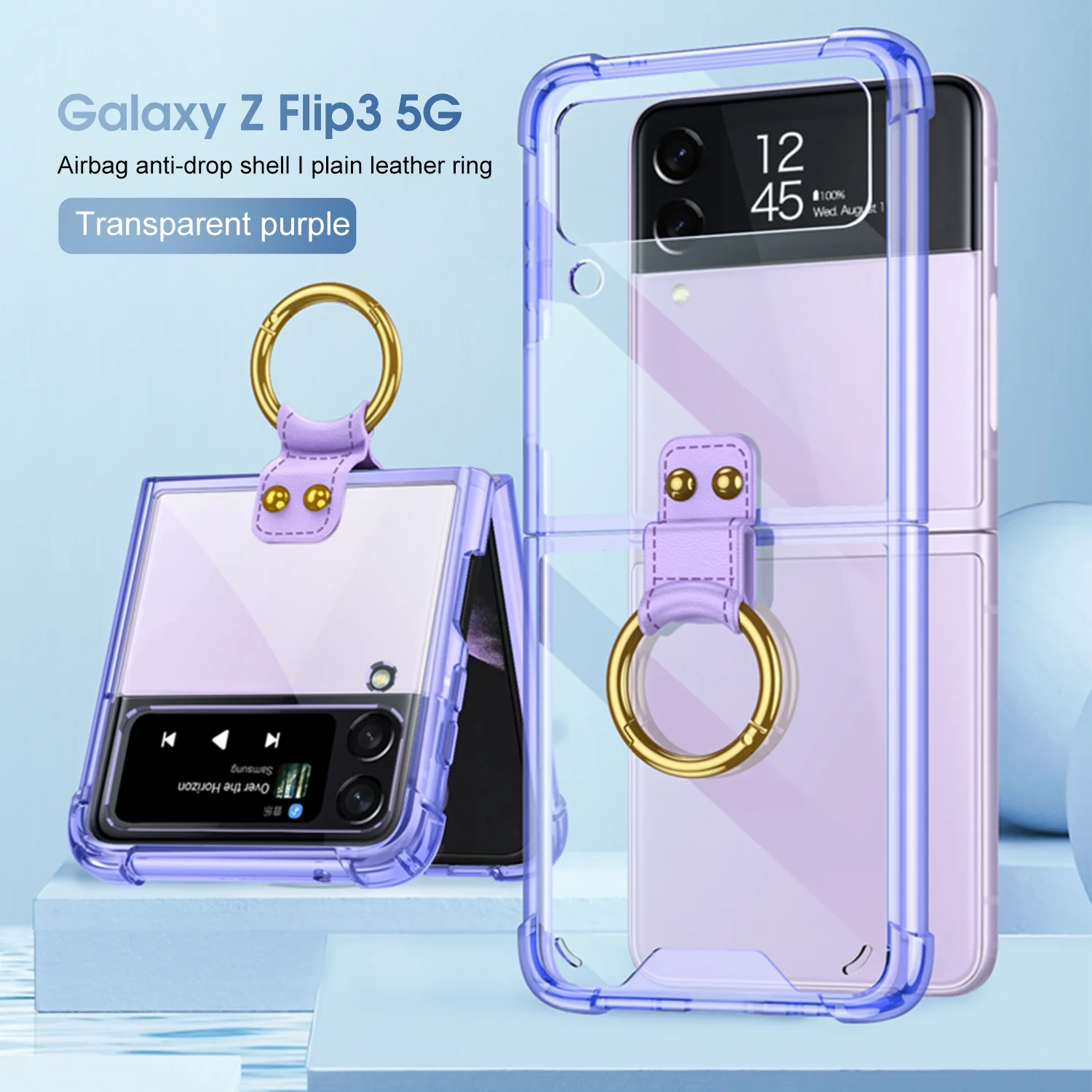For Samsung Galaxy Z Flip 5 4 3 Case Ring Bracket Folding Anti-Fall Colored  Transparent Four Corners Shockproof Back Hard Cover