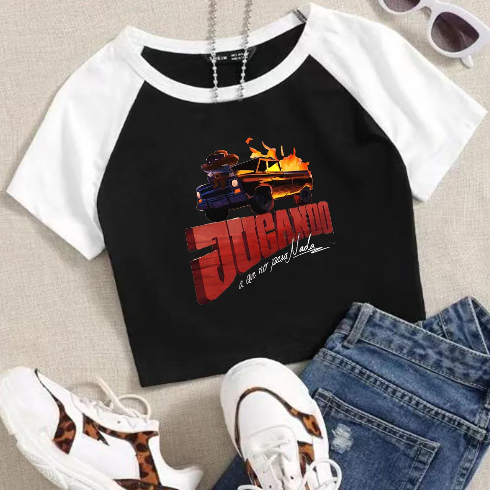 

Jugando A Que No Pasa Nada Grupo Frontera Crop Tops T-Shirt Women Girls Fashion O-Neck Short Sleeves Fans Gift Tops