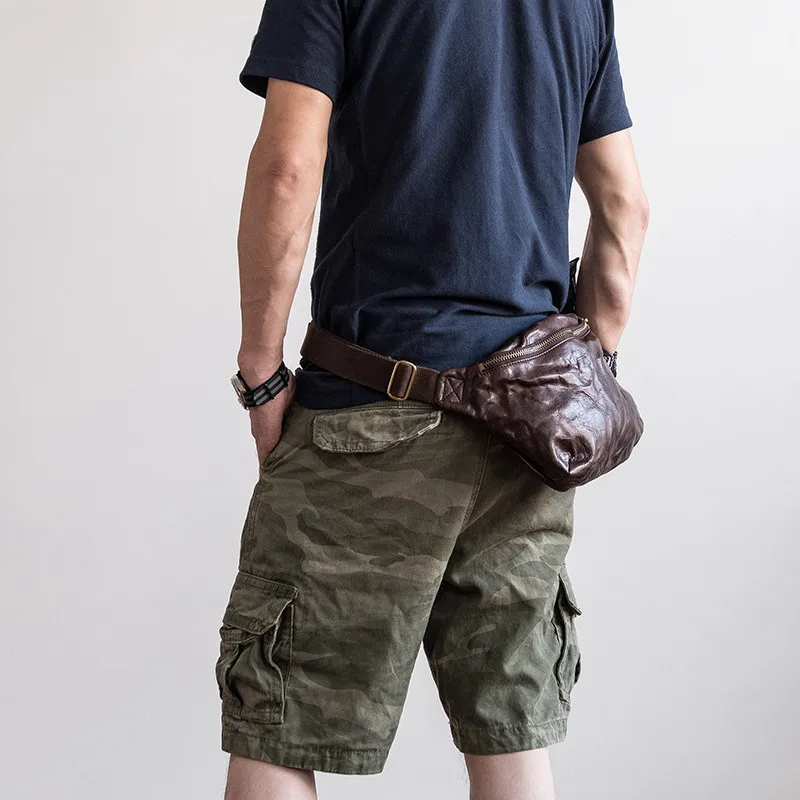 Vintage high quality genuine leather men's chest bag fashion casual first layer cowhide waist packs messenger bag teens belt bag