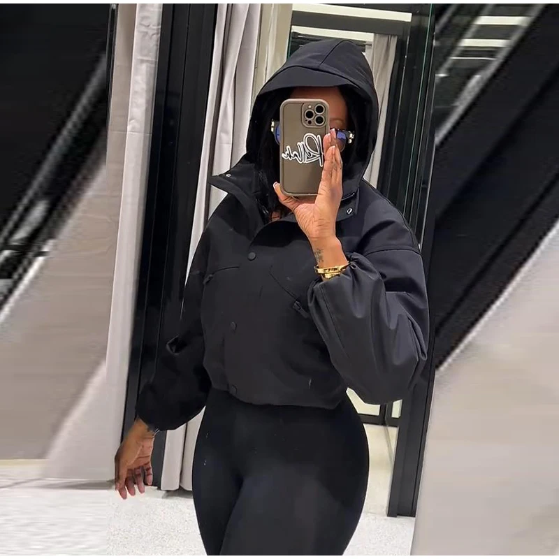 Mode Schwarz Wasserdichte Kapuzenjacke Frauen Volle Hülse Front Zipper Taschen Gestellte Oberbekleidung 2025, Herbst Weibliche Sport Mantel – Detail 18