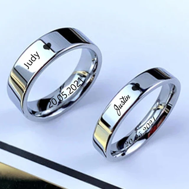 Bague lisse personnalisée en acier inoxydable, couleur argent, 6/8mm, pour femmes et hommes, gravure personnalisée du nom, Logo, amoureux, Couple, bijoux de charme, cadeau