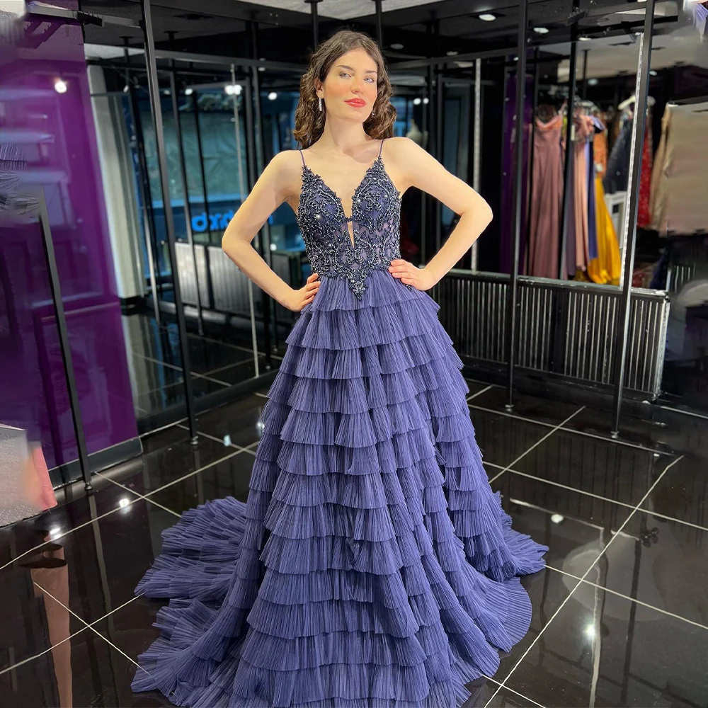 

Charming Beaded Sequined V-neck Tiered Ruffles Party Grown Evening Dresses Custom Made 2024 Rode De Morrie