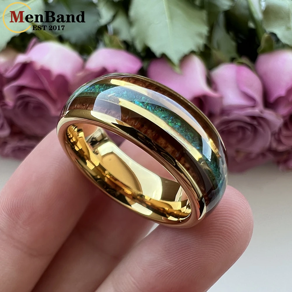 MenBand Fashion Gold Color 8mm Green Opal Ring Tungsten Engagement Wedding Band For Womens Mens Domed Polished Comfort Fit
