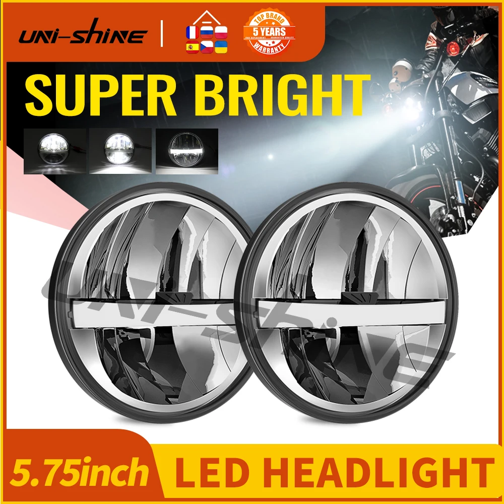 UNISHINE Uniwersalny reflektor LED 5 3/4 cala 5.75" do samochodów i motocykli, H4 6000K, do Harley Indian Scout Honda 12V 24V, do użytku terenowego