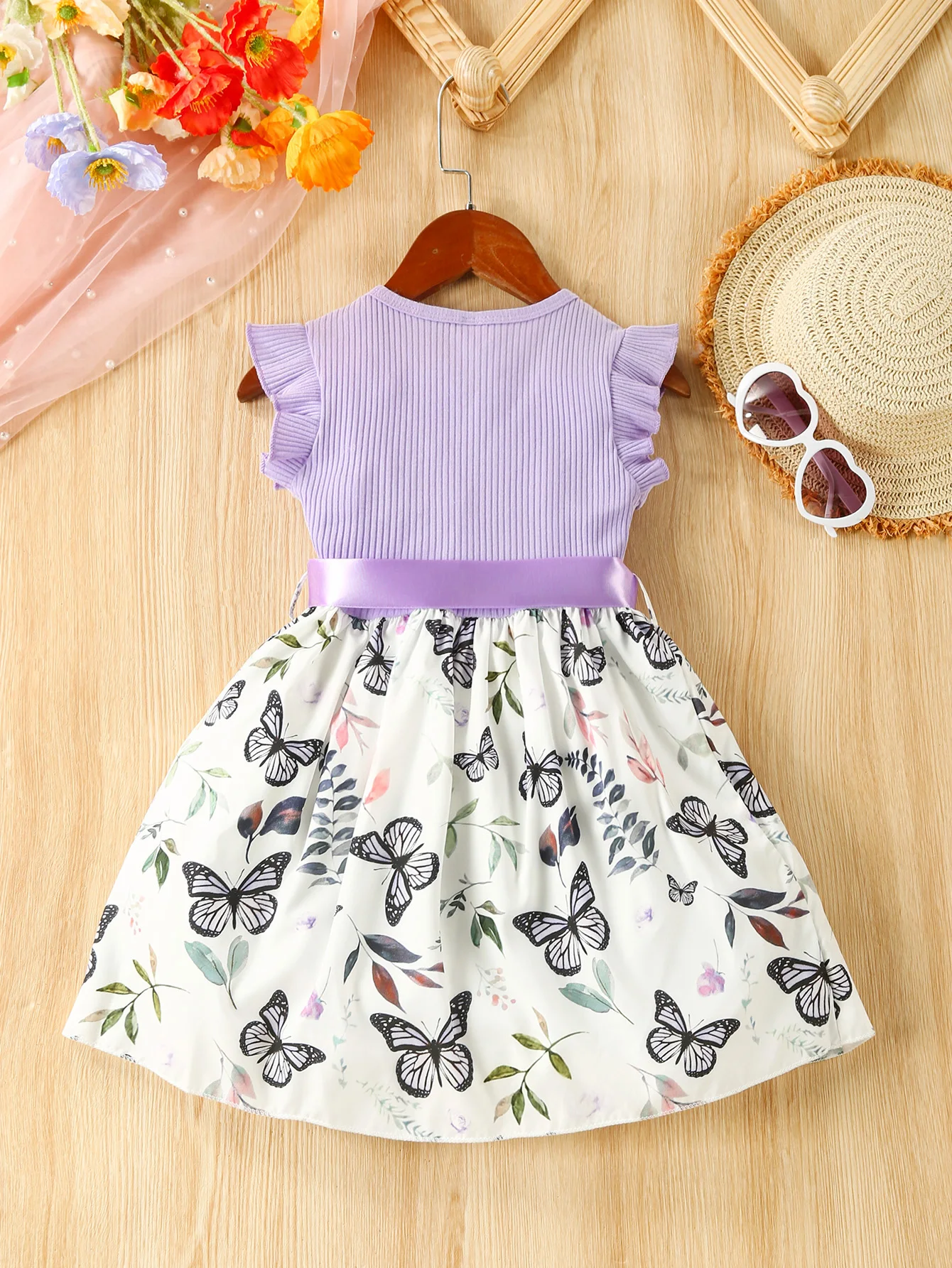 Girls Dress 3-7 Years Old Summer Sweet Casual Ruffled Butterfly Flower Print Party Korean Princess