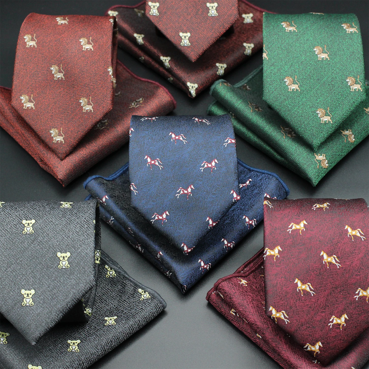 

Novelty Ties For Men Cartoon Animal Lions Horses Koalas Fashion Business Meeting Wedding Hanky Bowtie Necktie Set Daily Cravat