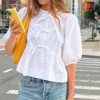 Fashion Women Peplum Shirt Puff Short Sleeve Lace Up Bow Blouse Tie Open Front Ruffle Hem Blouses Tops Streetwear 1