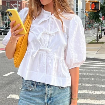 Fashion Women Peplum Shirt Puff Short Sleeve Lace Up Bow Blouse Tie Open Front Ruffle Hem Blouses Tops Streetwear 1