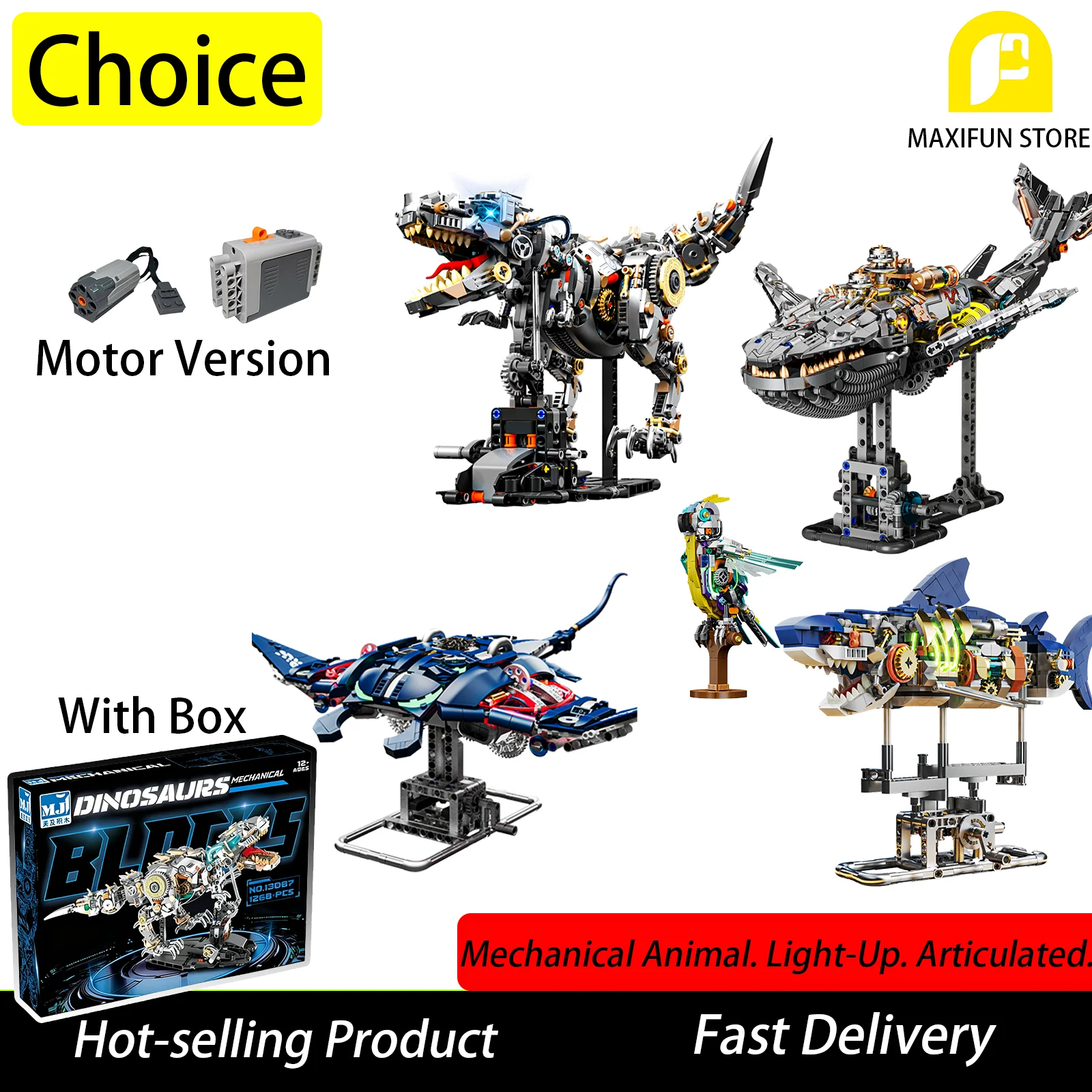 Mechaniczny T-Rex z klocków sterowany elektrycznie z LED za $35.75 / ~135zł