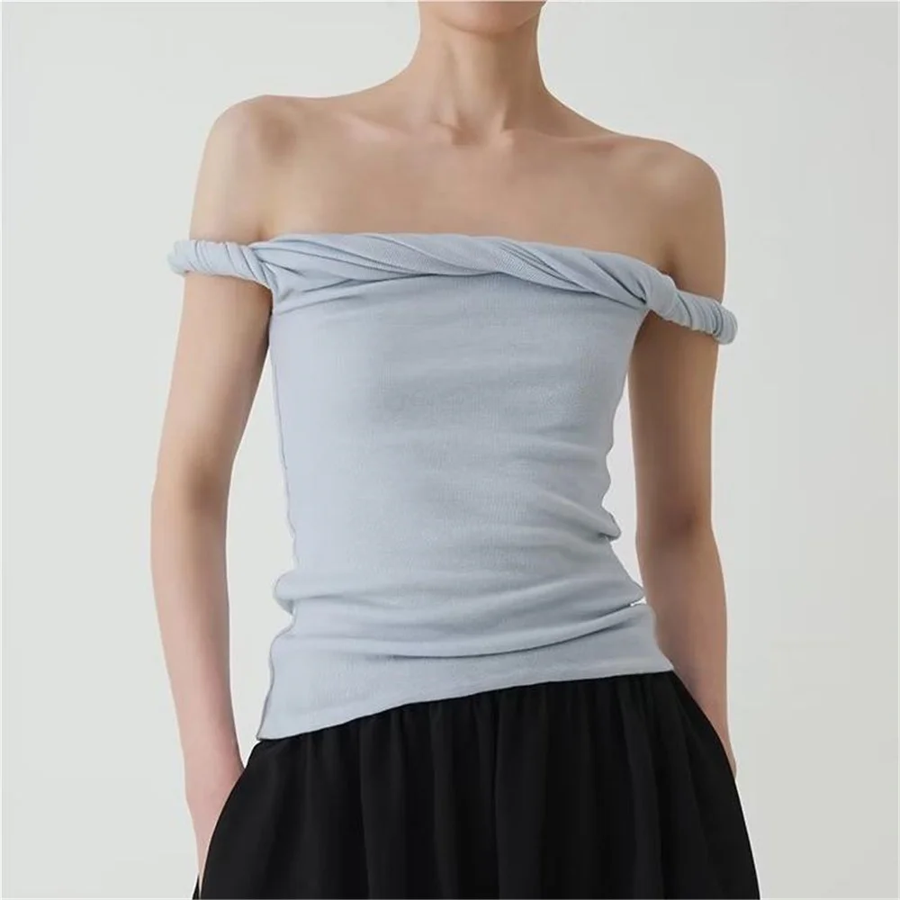 Sexy Crop Top Donna 2023 Summer Knit T Shirt White Kawaii Pink T-Shirt Off Spalla Manica Corta Tees Slash Neck Top Increspato