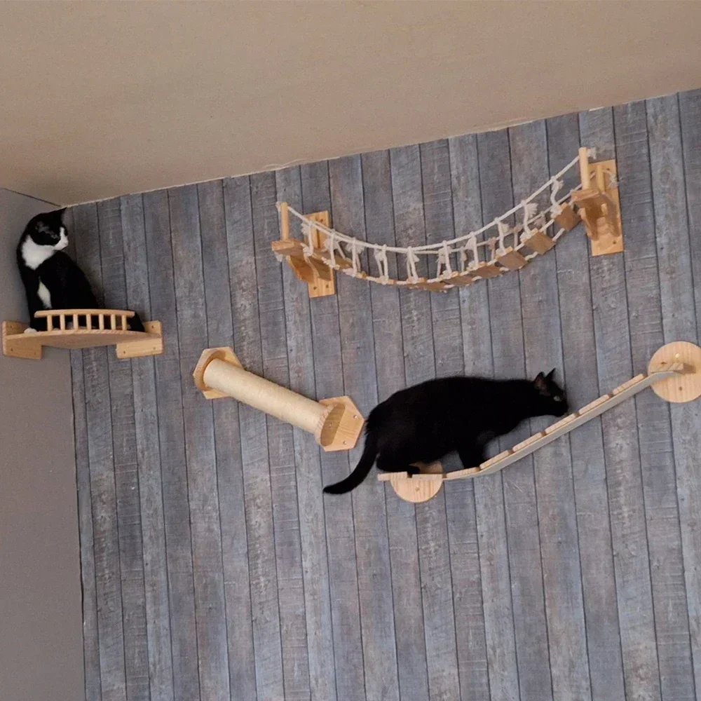 Wall-Mounted Cat Climbing Playground with Scratching Post, Hammock, and Sisal Ladder