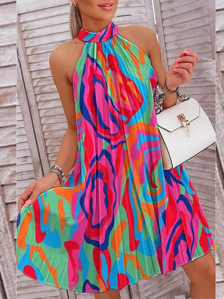 

Bonboho Women's Sleeveless Halter Dresses 2024 Summer Fashion Printed Pleated Above Knee Dress Large Size Sexy Party Dress
