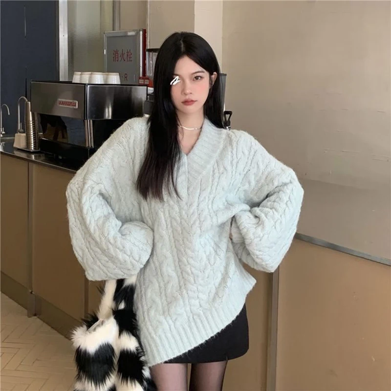 Oversized Sweater Women Fashion Preppy Pink V Neck Knitted Pullovers Harajuku Korean Long Sleeve Knitwear Winter Jumpers